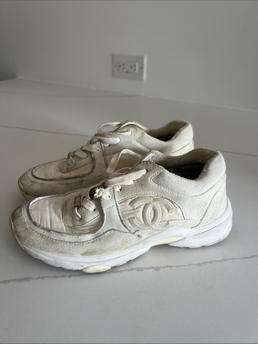 CHANEL Cream & White Suede Leather CC Logo Sneakers